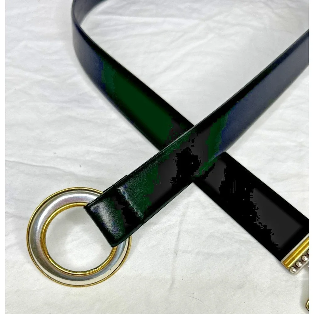 Chico's Belt Black Leather Metal Buckle Hook Ornate Adjustable Slide Sz M